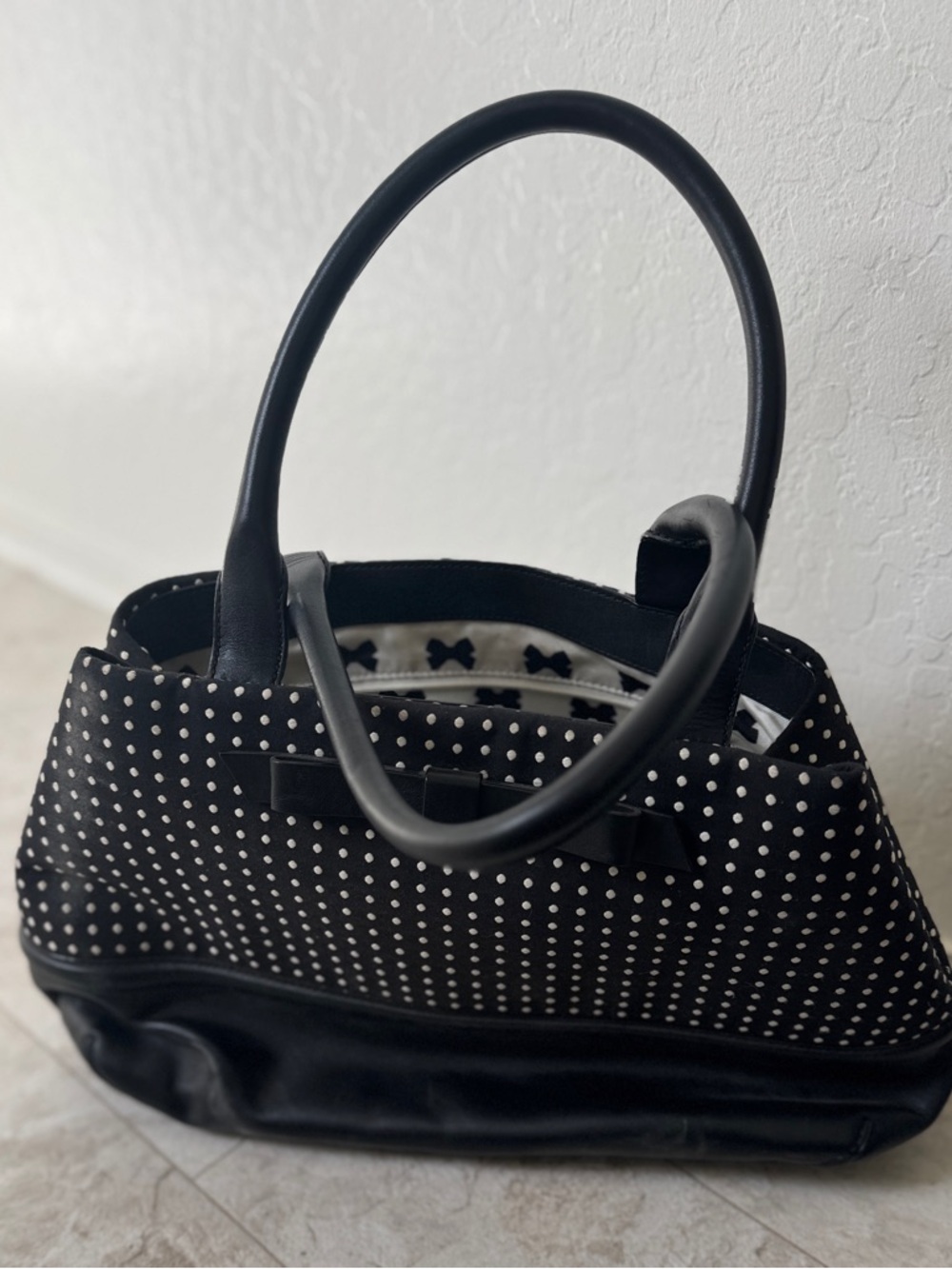 Kate Spade Black Polka Dot Tote Bag with Bow Accent